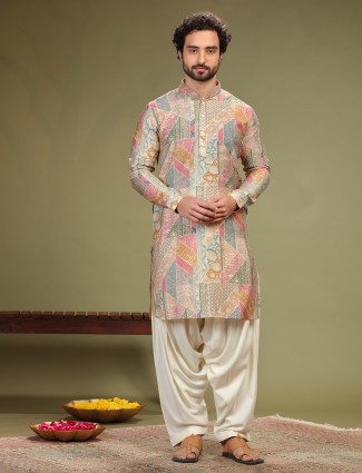 Cotton silk multi color printed kurta suit