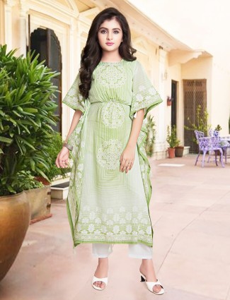 Cotton silk pant style pista green salwar kameez