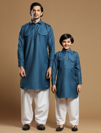 Cotton silk plain festive royal blue pathani suit for father son