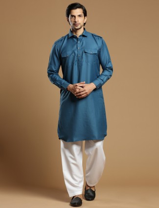 Cotton silk plain festive royal blue pathani suit for men