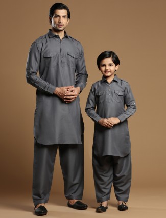 Cotton silk plain grey matching festive pathani suit for father son