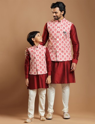 Cotton silk printed father and son waist coat set in cream