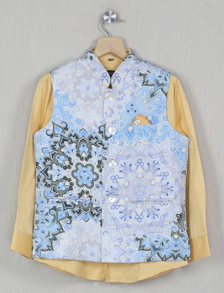 Cotton silk printed waistcoat with shirt in sky blue