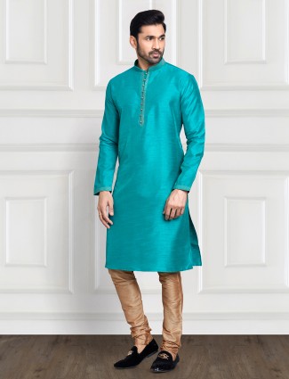 Cotton silk rama blue plain kurta suit