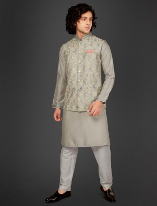 Cotton silk waistcoat set for men in light grey