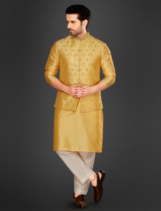 Cotton silk waistcoat set in yellow color