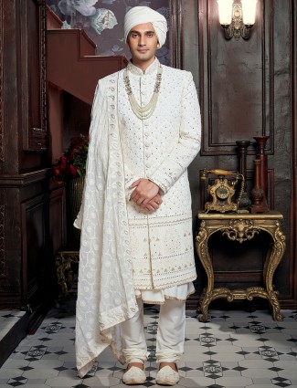 Cotton silk wedding sherwani in cream color