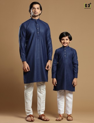 Cotton solid father and son kurta suit in dark blue