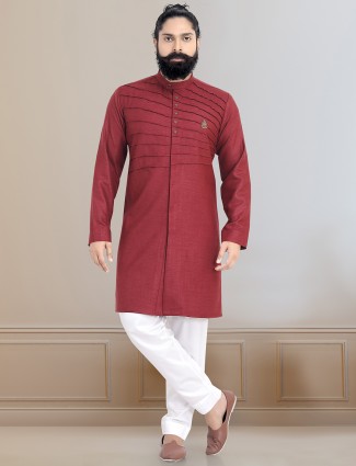 Cotton solid kurta set in maroon