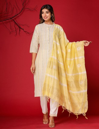 Cotton stripe kurti set in light yellow