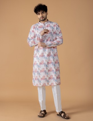 Cotton white and pink printed kurta suit