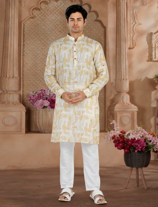 Cotton white and yellow printed kurta suit