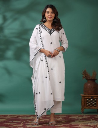 Cotton white embroidery kurti set