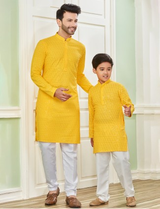 Cotton yellow kurta suit for father and son