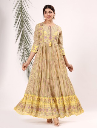 Cotton yellow printed kurti for casual