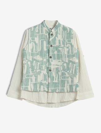 Cream and green printed waistcoat with shirt