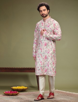 Cream and pink floral printed cotton silk kurta suit
