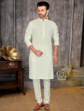 Cream cotton embroidery kurta suit