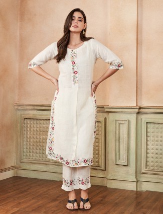 Cream cotton embroidery kurti with pant