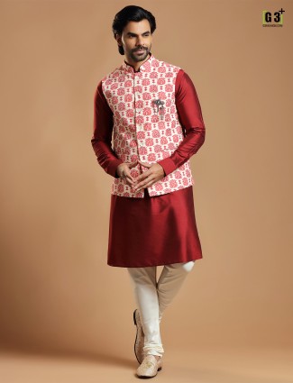 Cream cotton silk waistcoat with maroon kurta set