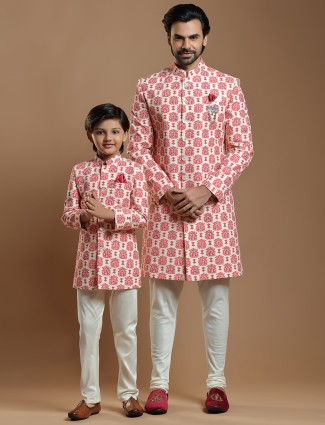 Cream father and son indowestern in terry rayon