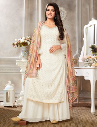 Cream georgette palazzo suit with dupatta