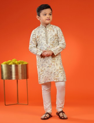 Cream leaf printed pashmina silk kurta suit