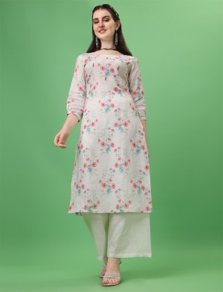 Cream linen casual wear printed kurti