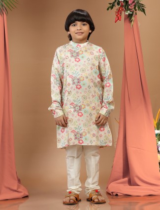 Cream printed boys kurta suit in silk