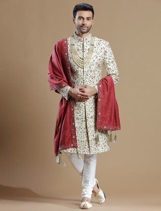 Cream rich raw silk groom wear sherwani