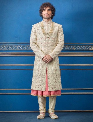 Cream silk double layer sherwani for groom wear