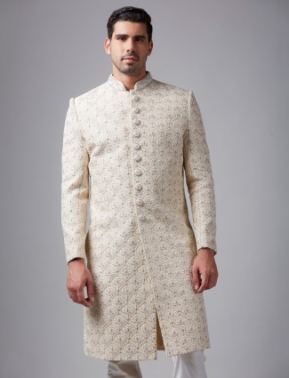Cream silk embellished sherwani