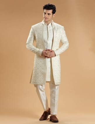 Cream silk wedding look men indowestern