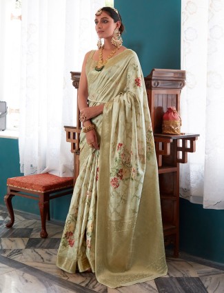 Cream soft silk floral printed saree
