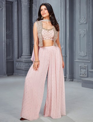 Crop top style georgette pink palazzo suit