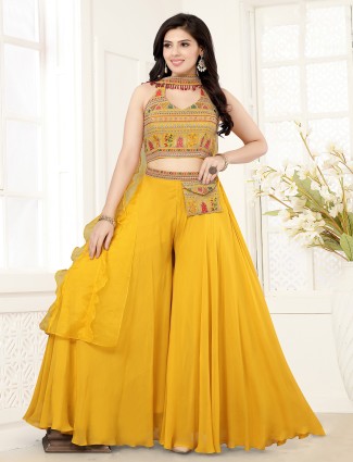 Crop top style palazzo suit in mustard yellow