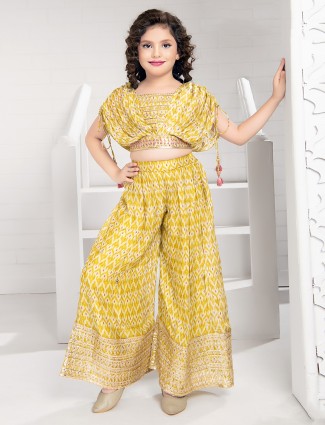 Crop top style yellow printed palazzo suit