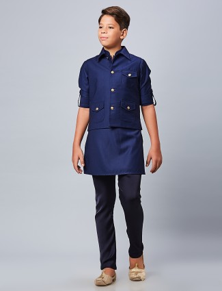 Dark blue silk plain waistcoat set