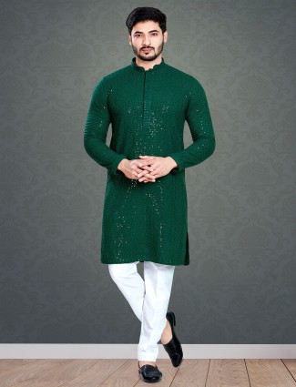 Dark green cotton kurta suit with embroidery