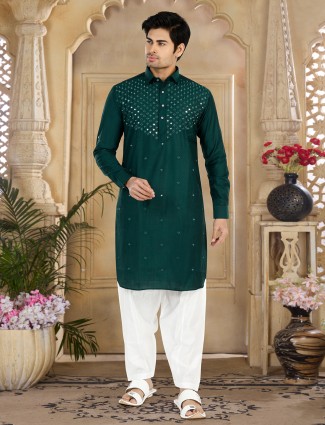 Dark green cotton pathani suit