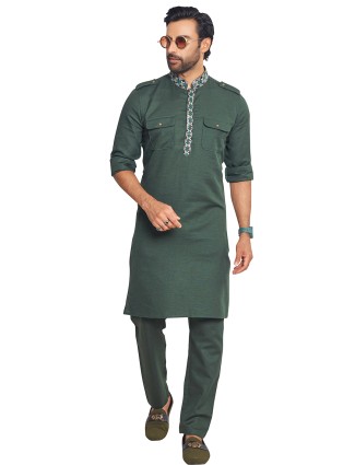 Dark green plain pathani suit in cotton