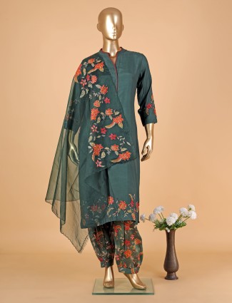Dark green silk floral printed salwar suit