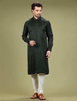 Dark green silk plain kurta suit