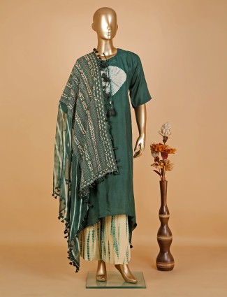 Dark green silk printed salwar suit with dupatta