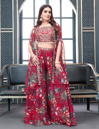 Dark pink georgette palazzo suit with shrug