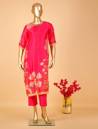 Dark pink printed kurti set in silk