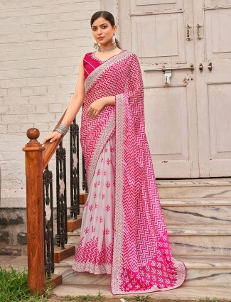 Dark pink satin saree in printed