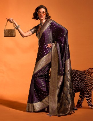Dark purple satin silk wedding saree