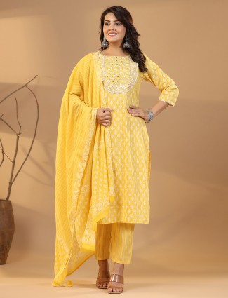 Yellow cotton kurti set in printed