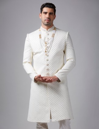 Dazzling off-white silk groom sherwani
